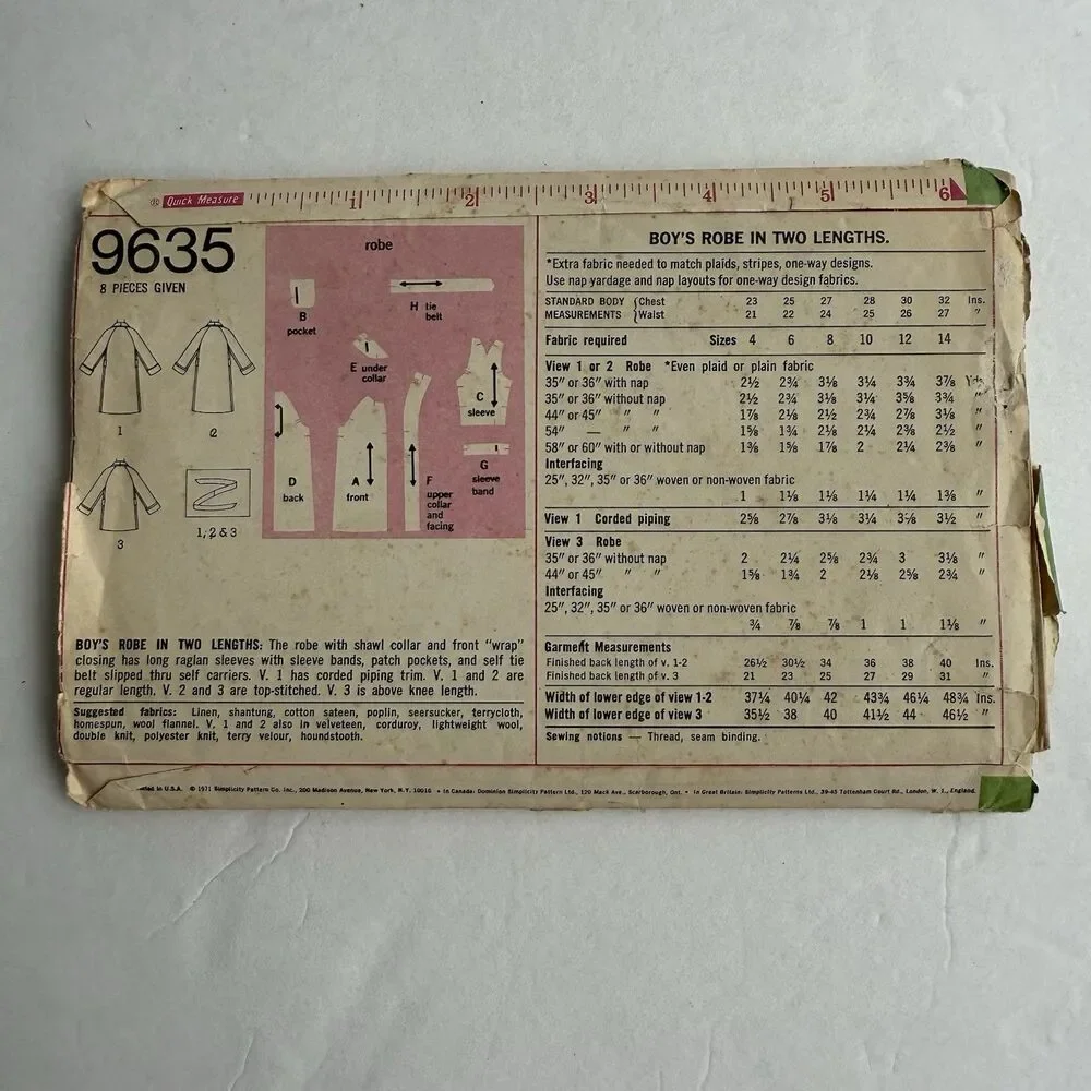 Vintage 70s Simplicity Sewing Pattern 9635 Boys Robe Tie Size 6 Chest 25 *READ*